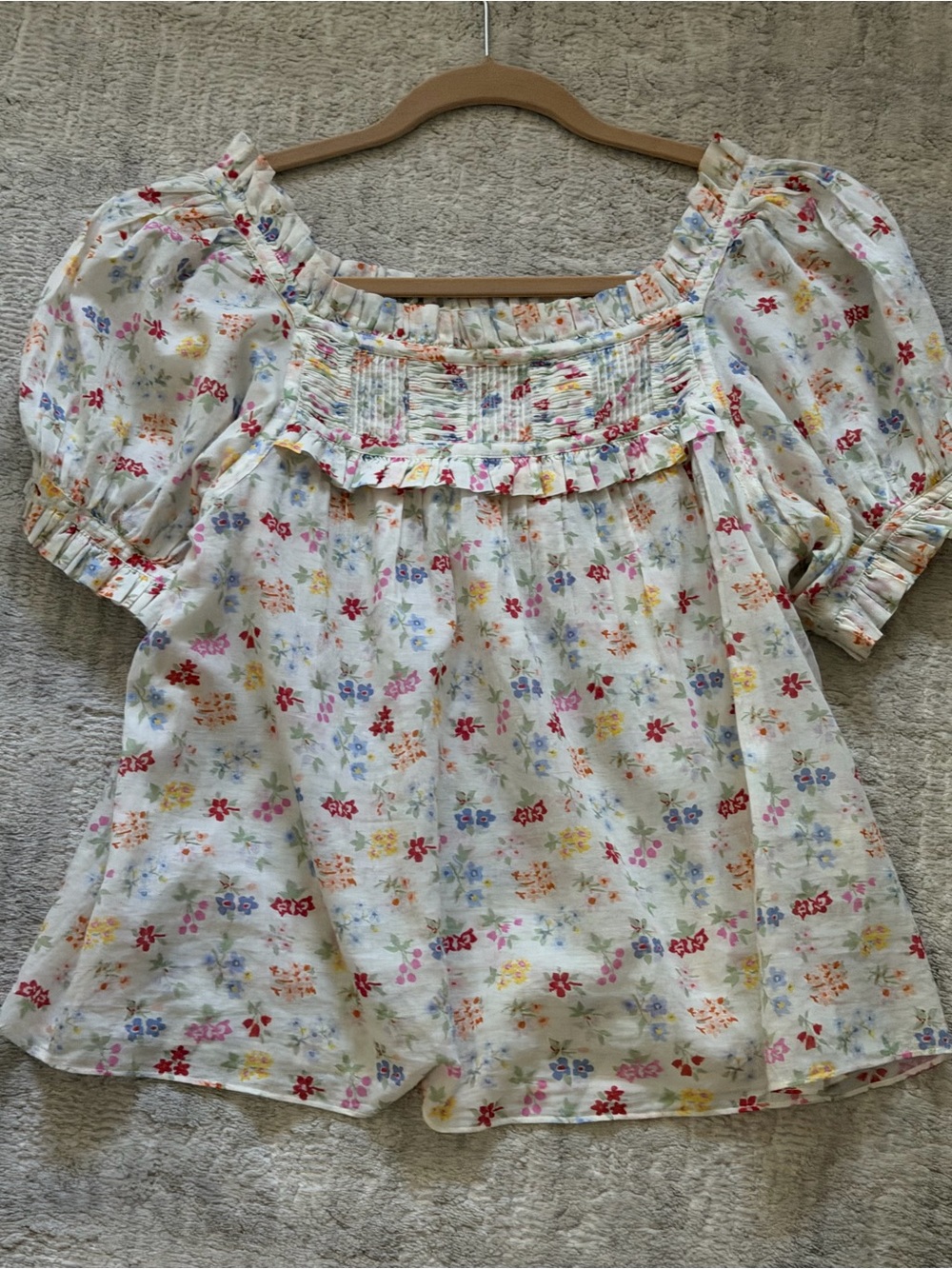 Doen Cream Floral Ruffle-Neck Blouse